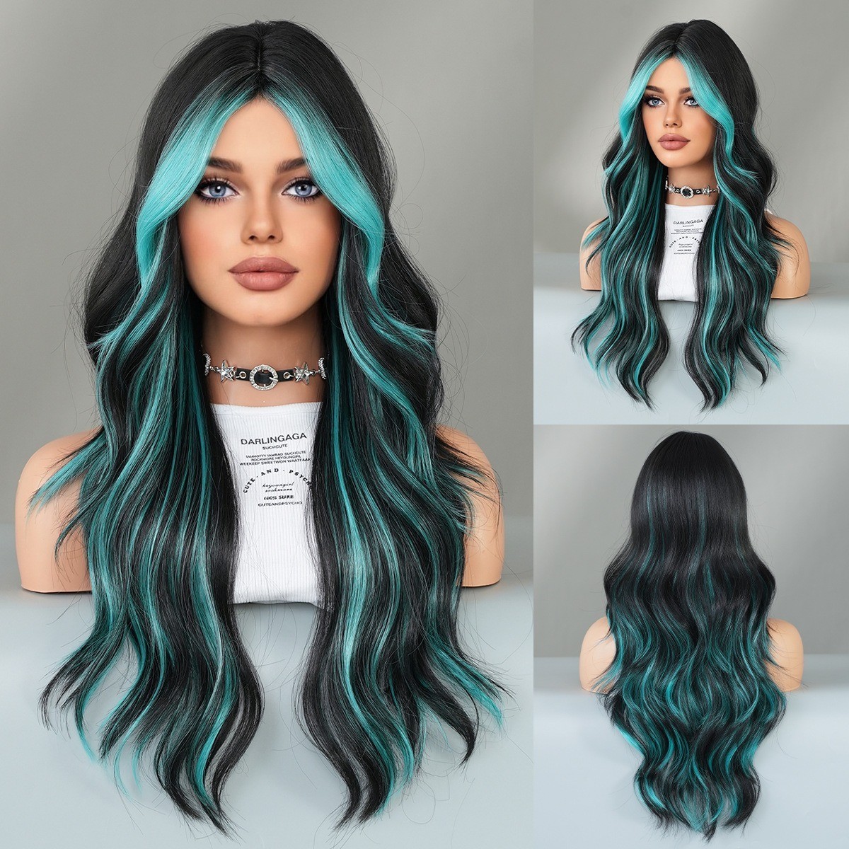 Full head wig with side-swept bangs colorful flame orange highlights and long