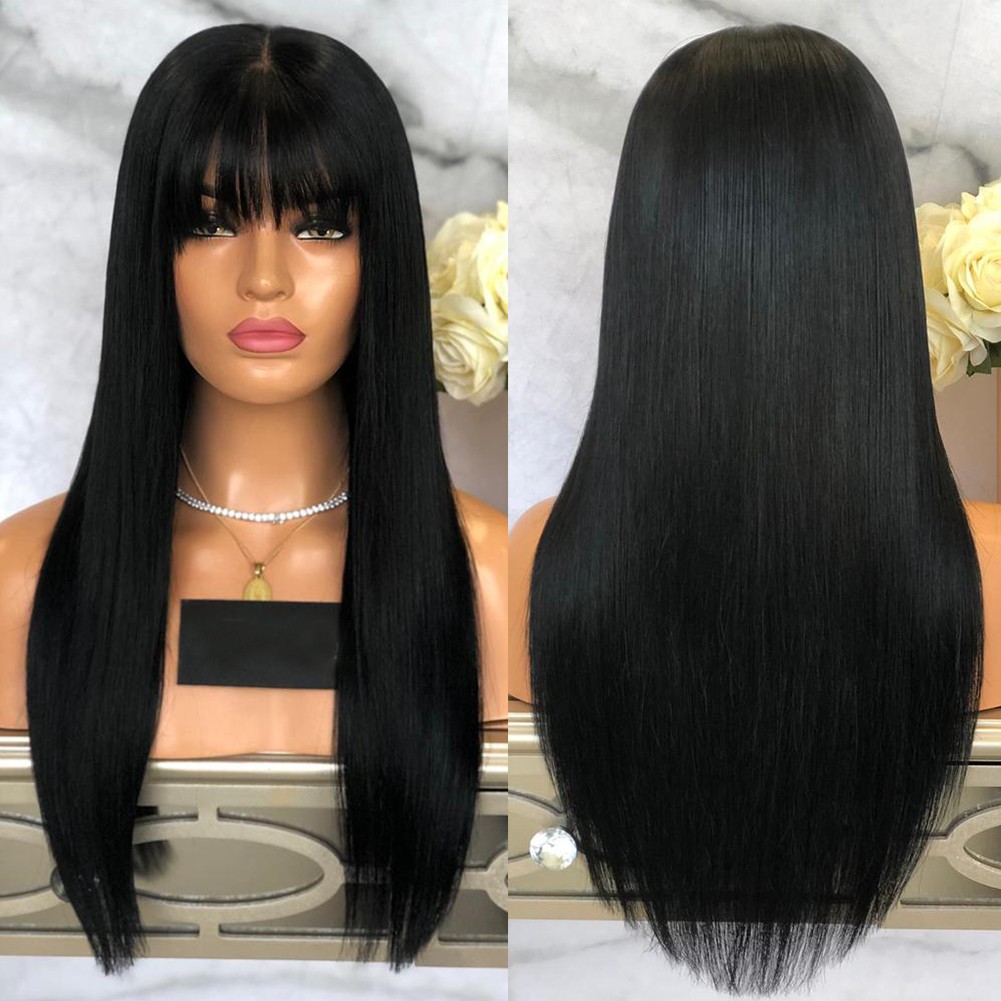 Black Long Straight Cosplay Party Wigs With Bangs Halloween Soft Synthetic Hair
