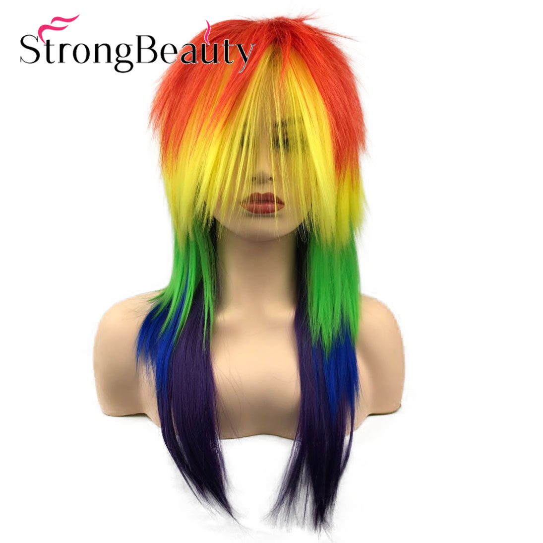 Long Rainbow Cosplay Wig Ponytail Multi Color Synthetic Wigs
