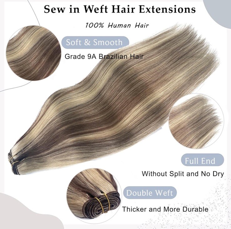 Sew in Hair Extensions Real Human Hair 22 Inch 120G #4/18/24 Balayage Brown Mix
