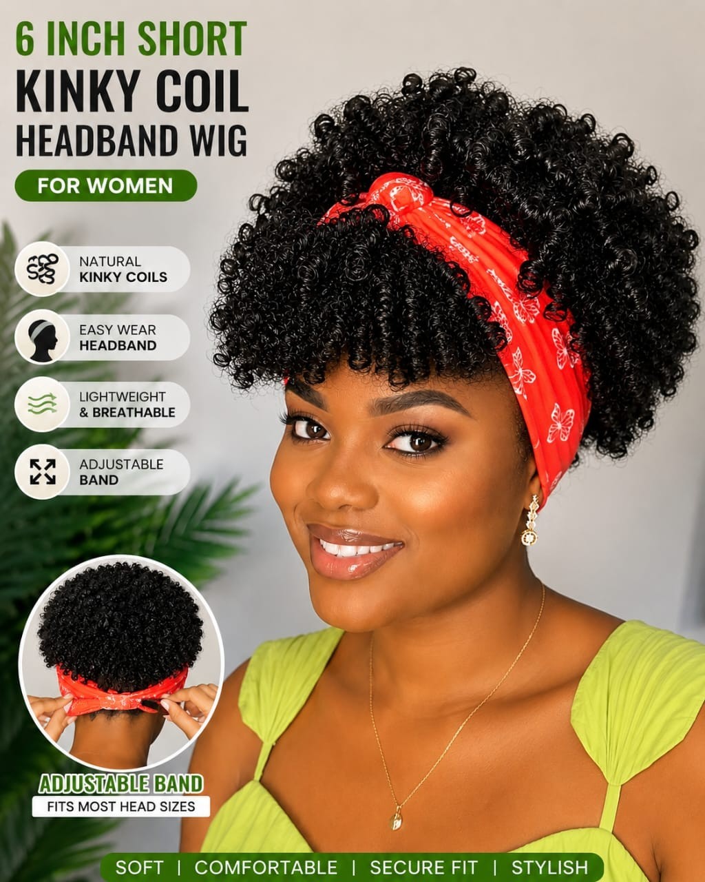 Women’s 6-Inch Short Pink Kinky Coil Headband Wig, Adjustable Band, Soft Curly