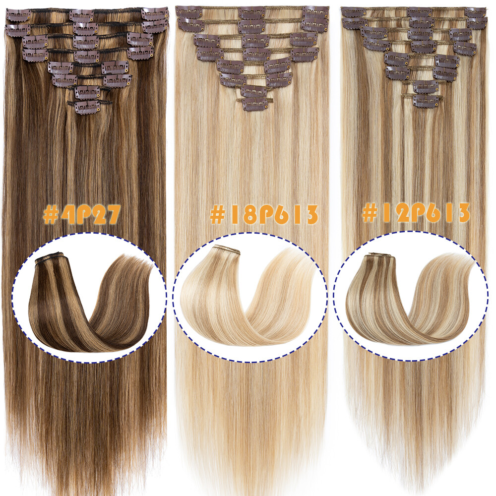 100% Soft Clip In Remy Real Human Hair Extensions Full Head 8PS Weft Black Brown