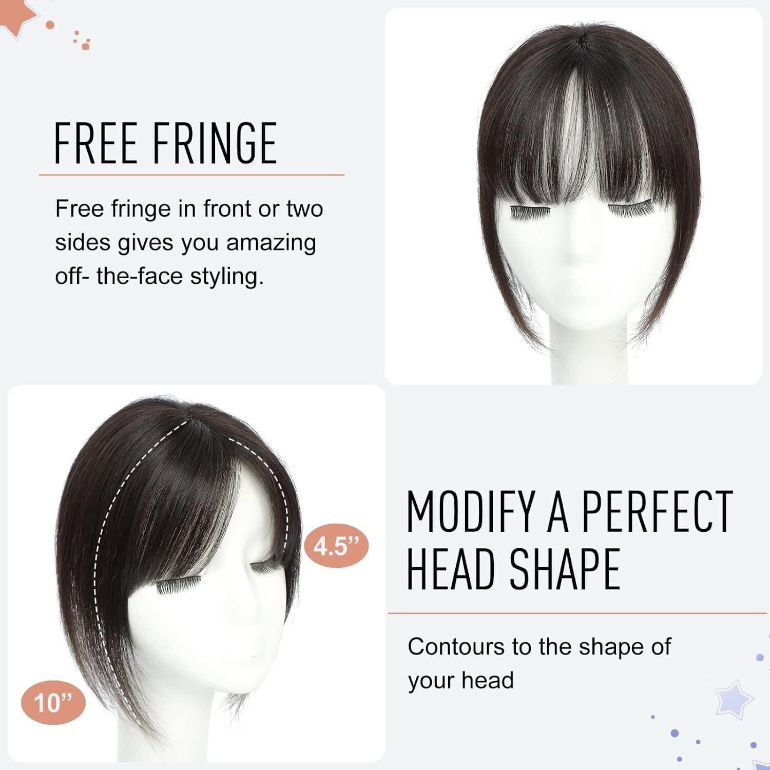 360° 10in Human Hair Topper w/ Bangs 3″x3.5″ Silk Base #1B Natural Black Wiglet