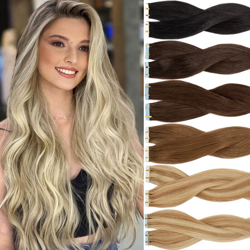 Invisible Tape In Human Hair Extensions Skin Weft Premium Hair Full Head 80pcs