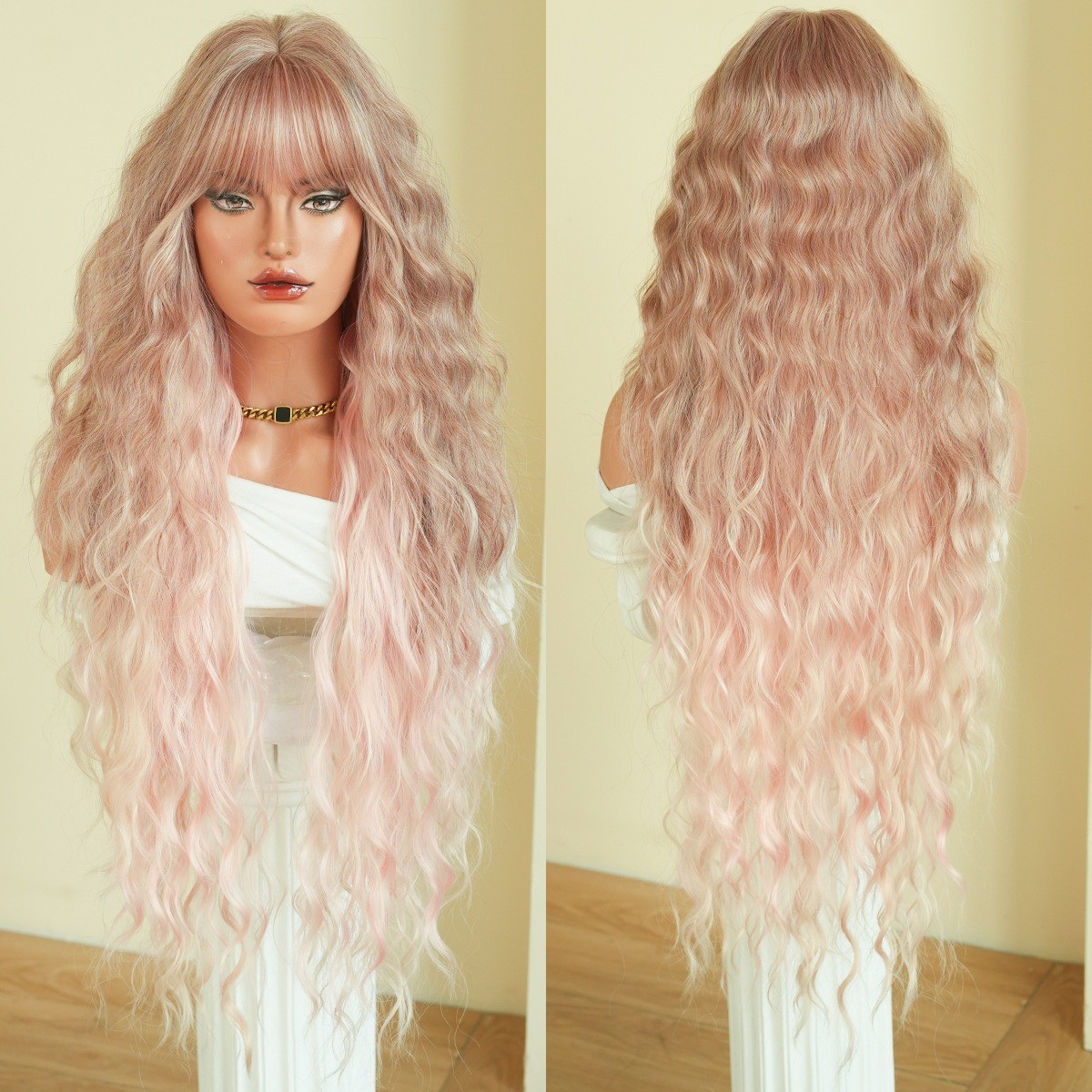 36-inch ultra-long wavy hair with fringe brown highlighted and gray heat-resist