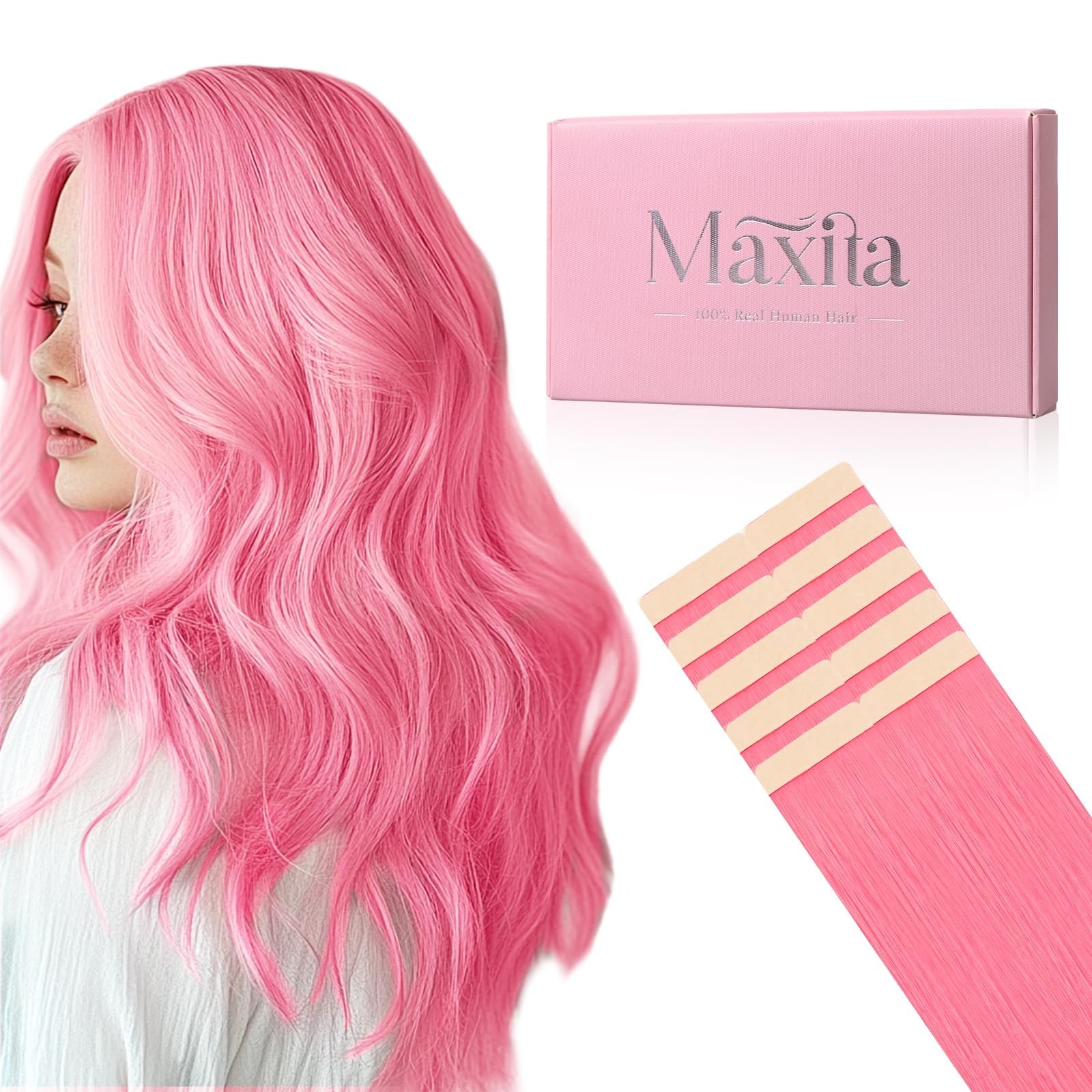 24″ Light Pink Tape-In Hair Extensions – 10pcs 30g Remy Human Hair, Silky Straig