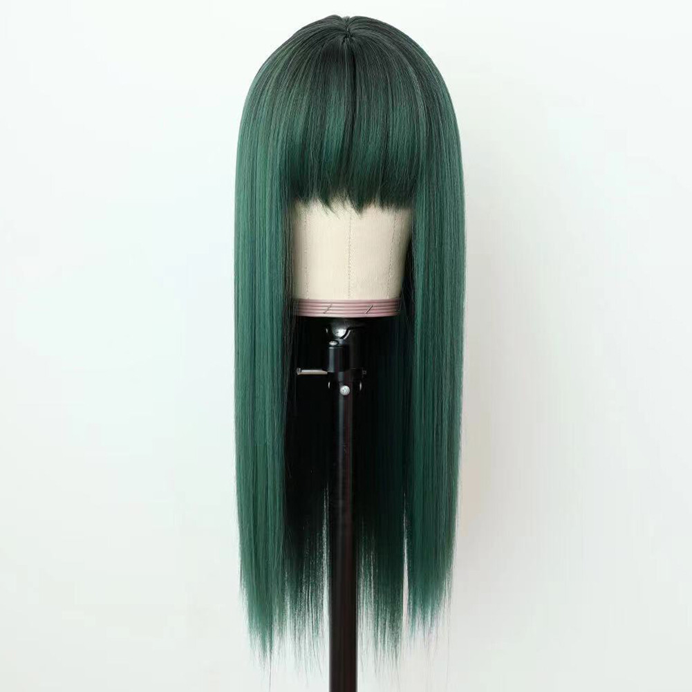 Ombre Green Wigs Full Neat Bangs Long Straight Women Synthetic Fiber Hair Party