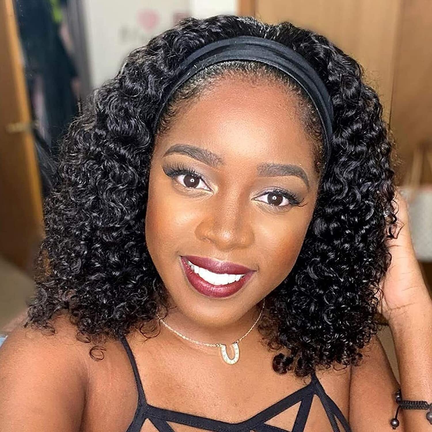 12 Inch Deep Wave Headband Wig Human Hair 150% Density No Lace Natural Color