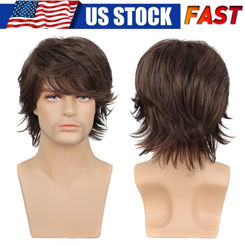 Men Brown Short Wigs Layered Natural Wavy Synthetic Hair Boys Male Wig Bangs USA