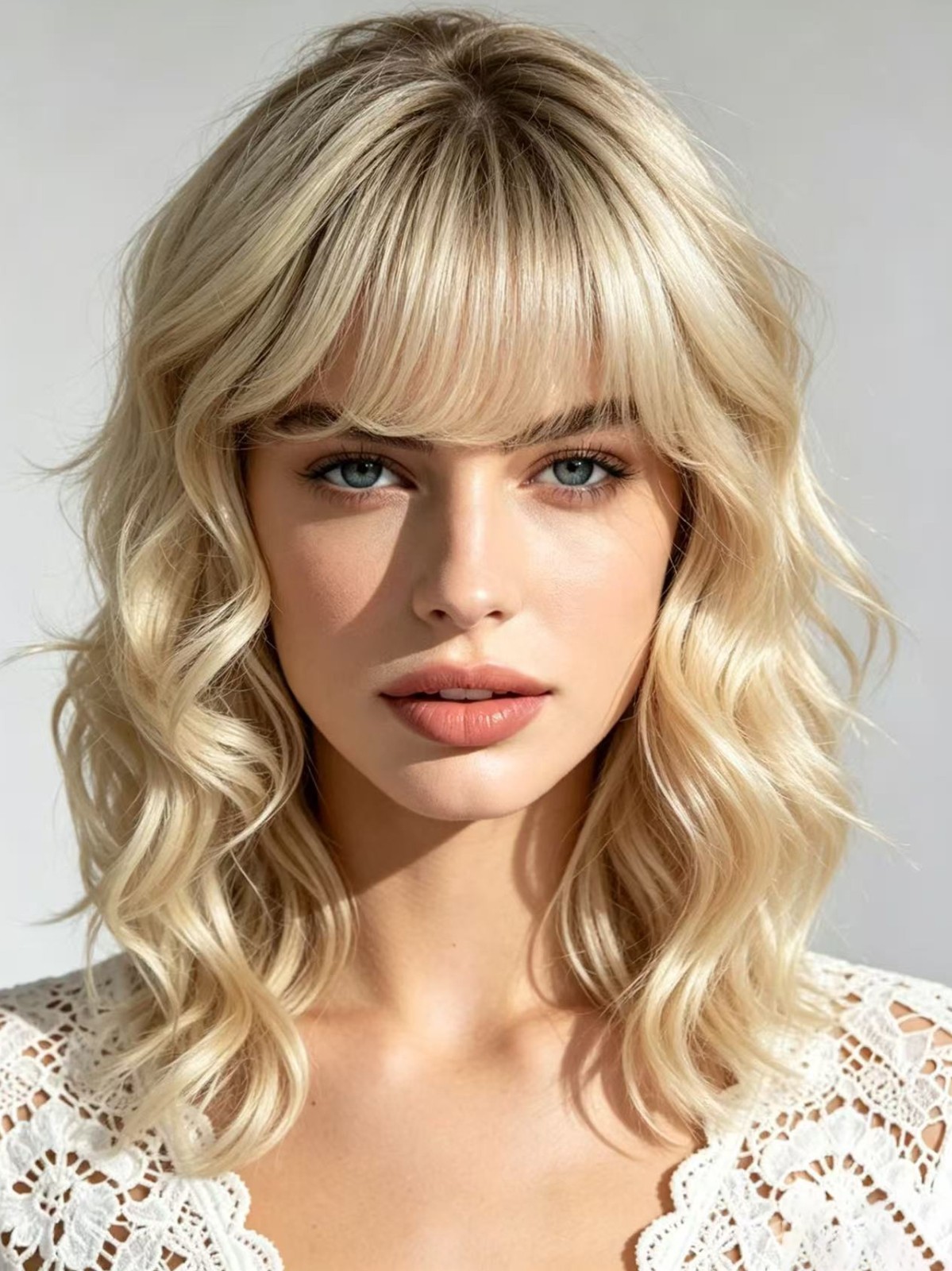 Ombre 613 Blonde Short Curly Wavy Shoulder Length Wig with Bangs Heat Resistant
