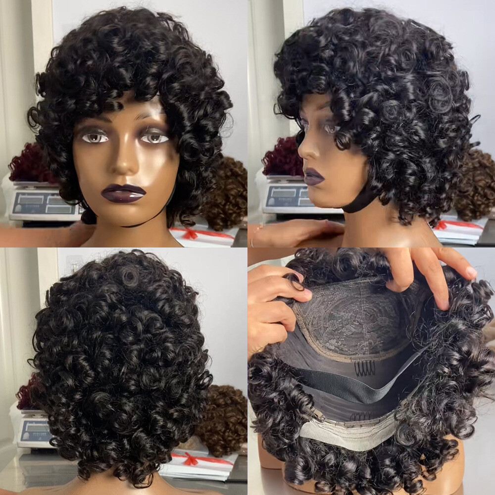 6 Inch Short Curly Human Hair Wigs Loose Bouncy Rose Curly Wigs With Bangs