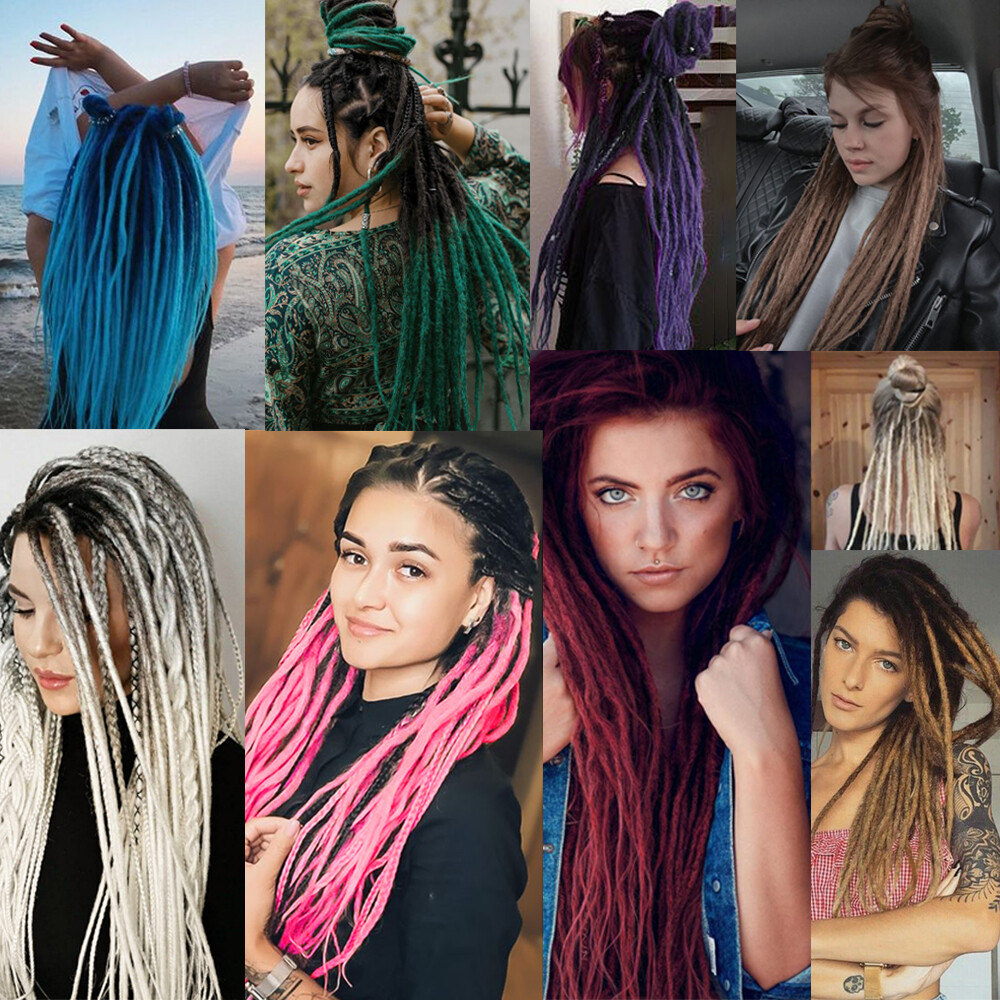 24″ Colorful Clip In Dreadlocks Extensions Thin Soft Dreads Locs w/ Dreads Beads