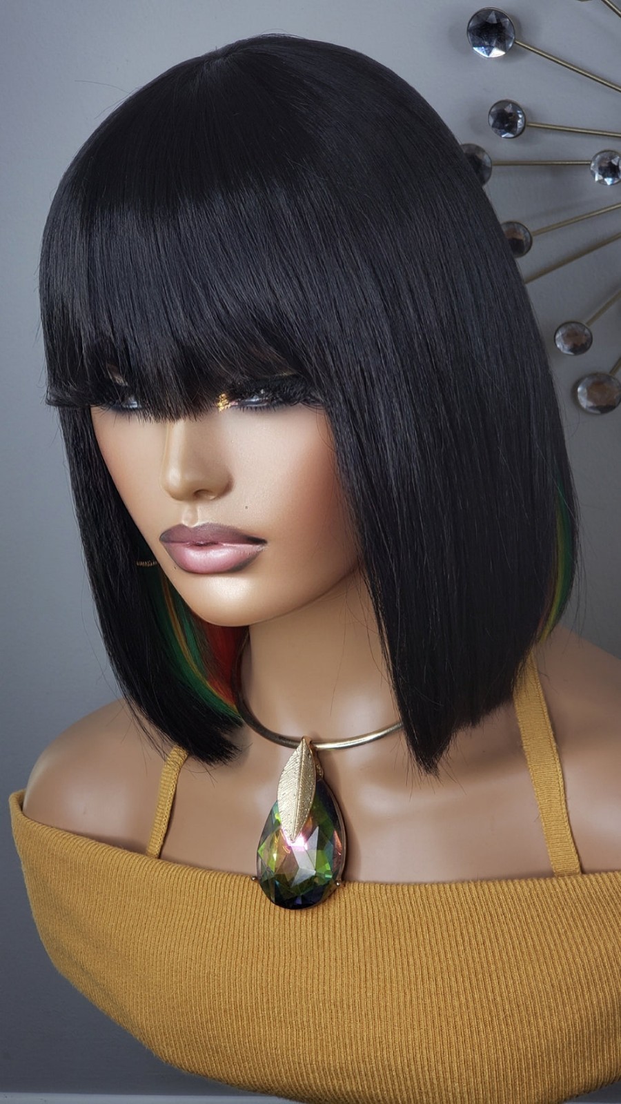 New Short Human Hair Blend Straight Bob Wrap Style Full Cap Wig Black Rainbow