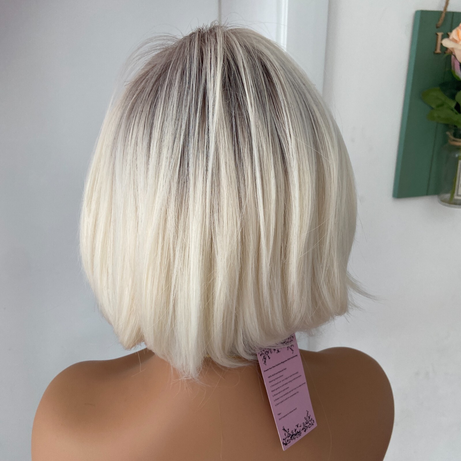 Short Bob Rooted Platinum Blonde Mix Synthetic Hair Wigs Women Soft Natural
