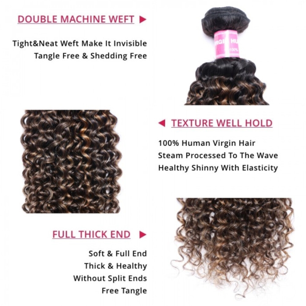 UNice Cambodian Ombre Balayage Brown Curly 3 Bundles Human Hair Extension Weaves