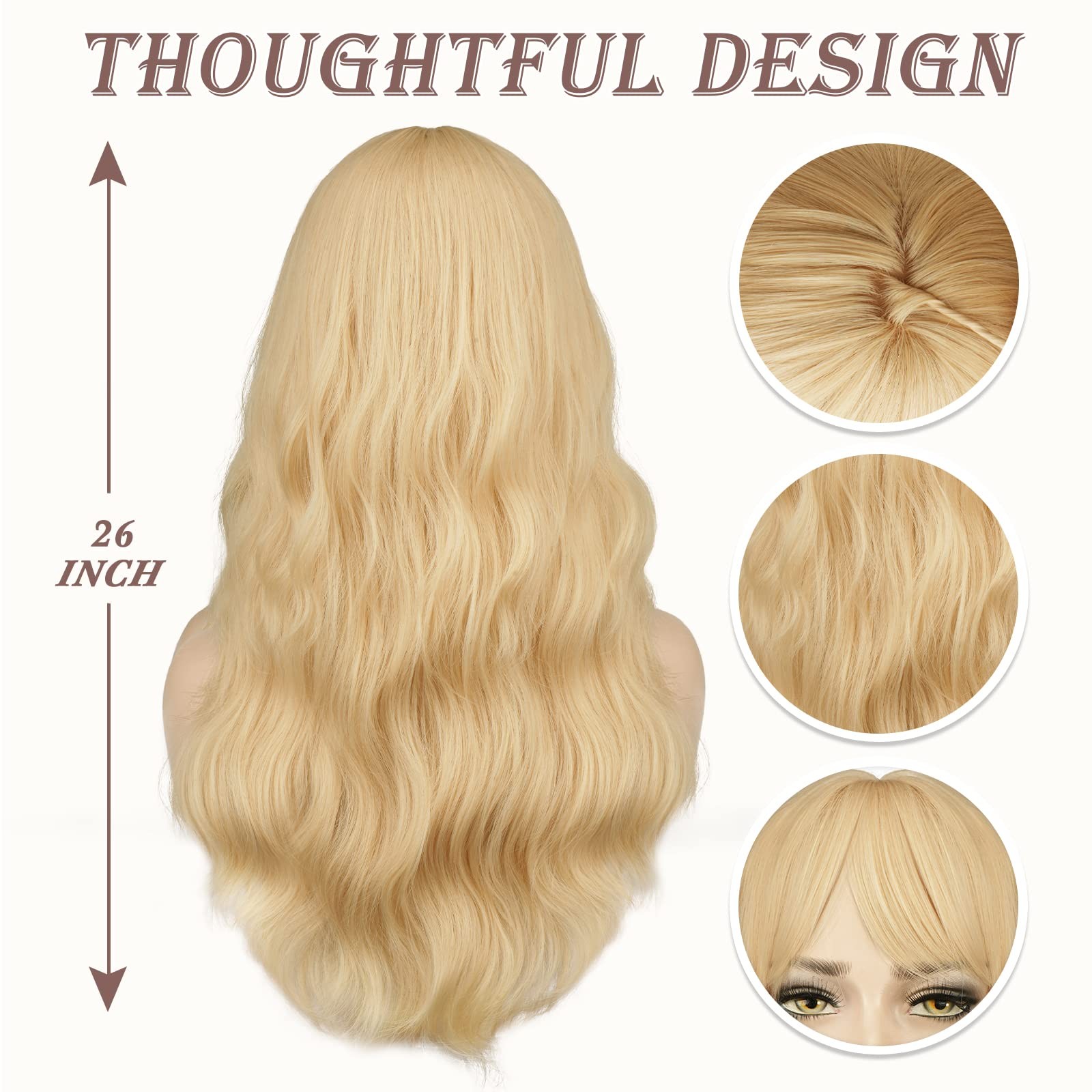 Long Wavy Blonde Wig With Bangs – 26 Inch Long Wavy Blonde Wig with Bangs for…