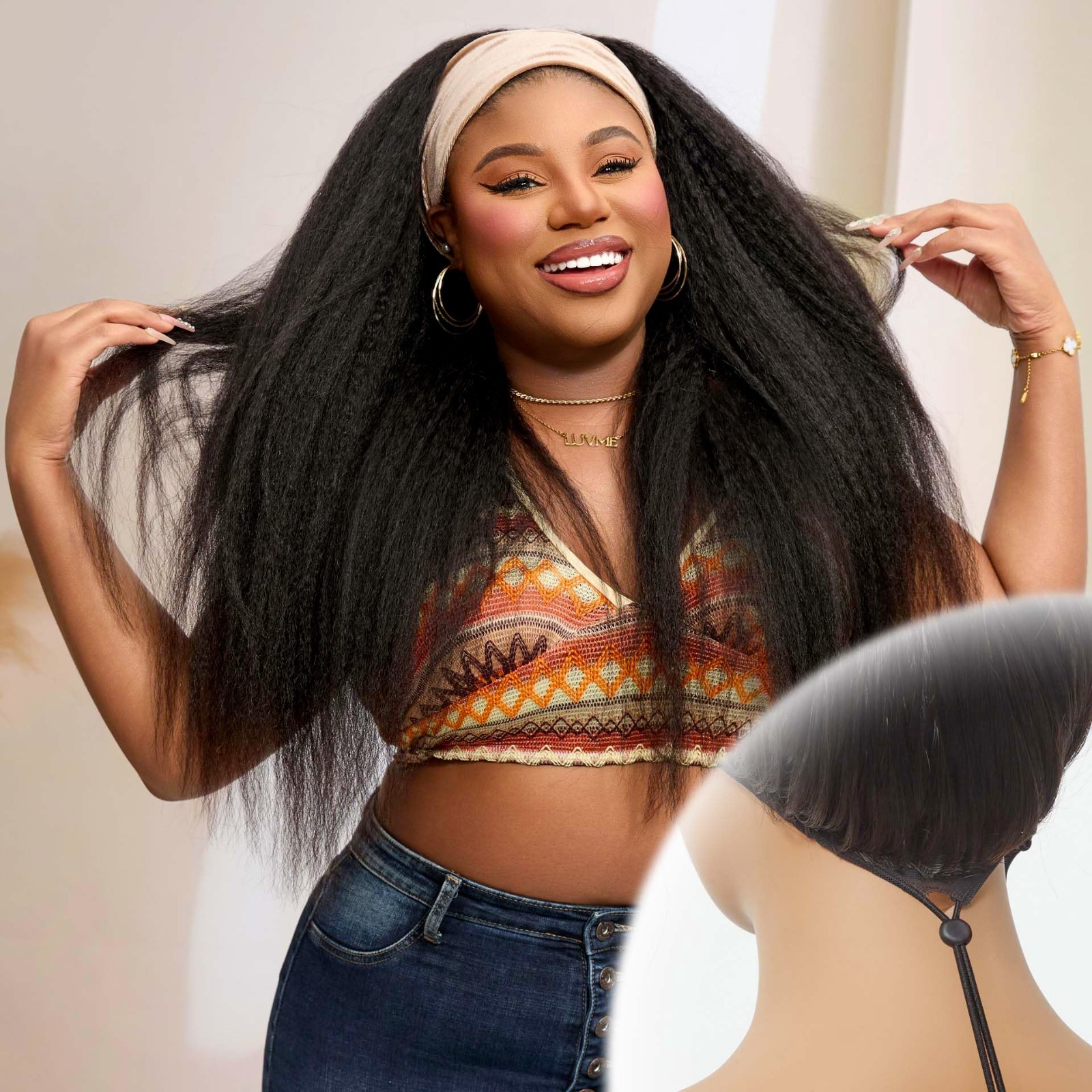Kinky Straight Headband Wig for Black Women – 24″ Human Hair Half Wig, Glueless,