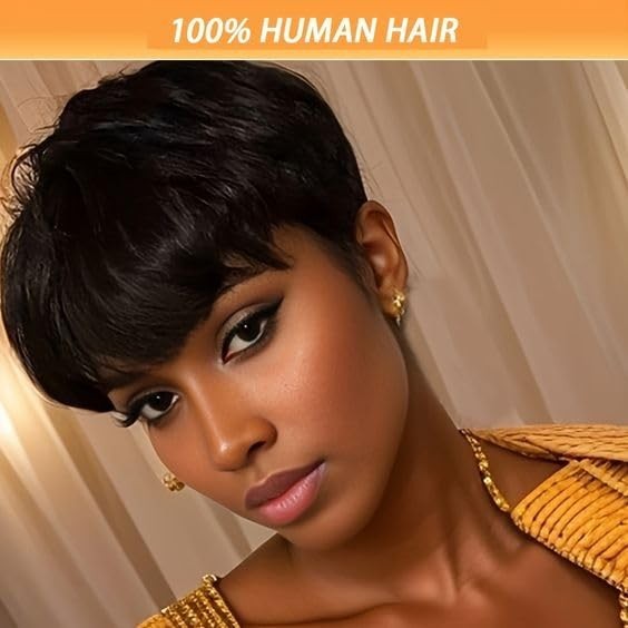 Human Hair Pixie Wig Short Layered G-Free for Black Women 100% Virgin