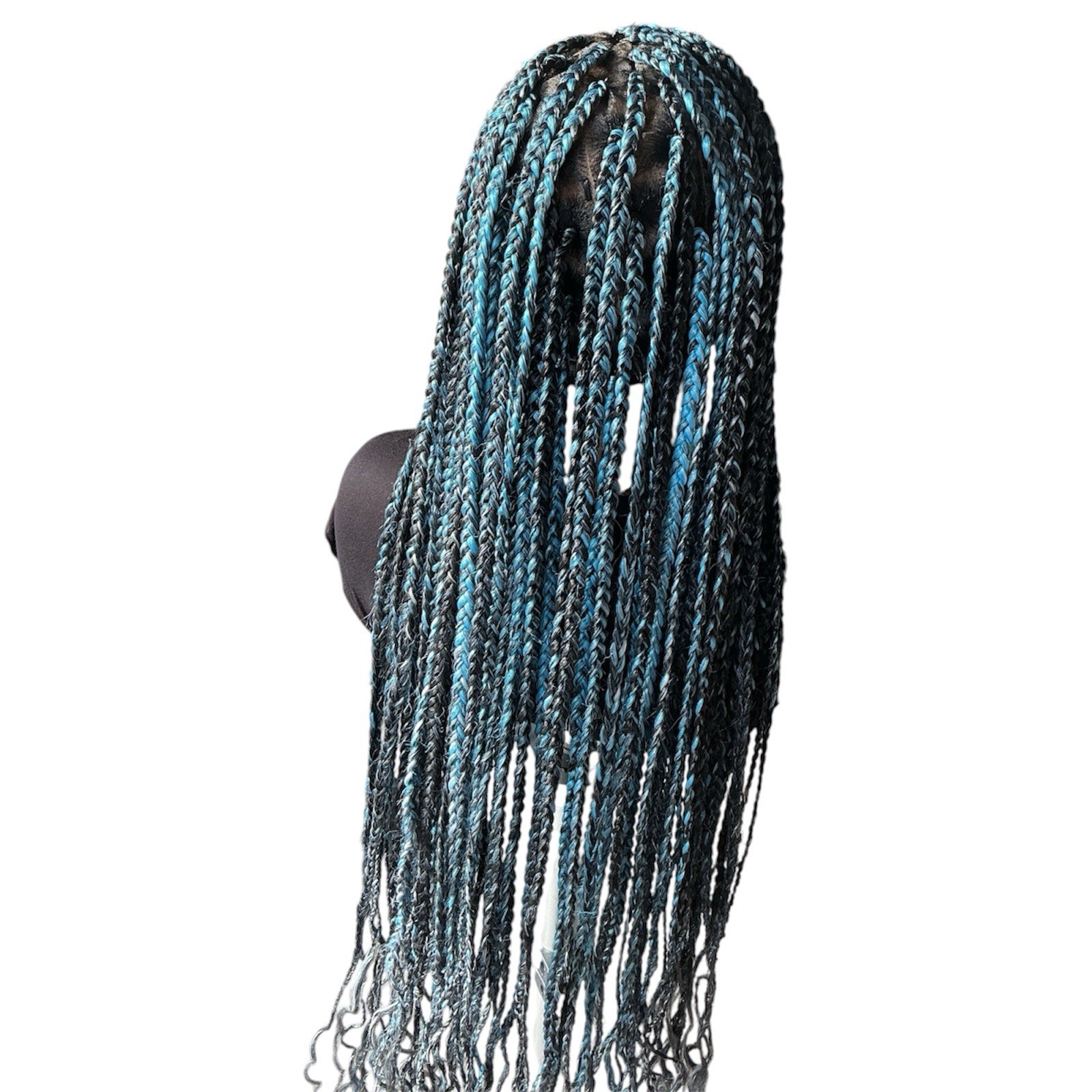Handmade Black Blue Silver Long Curly Ends Braided Lace Front Wig 31-40in