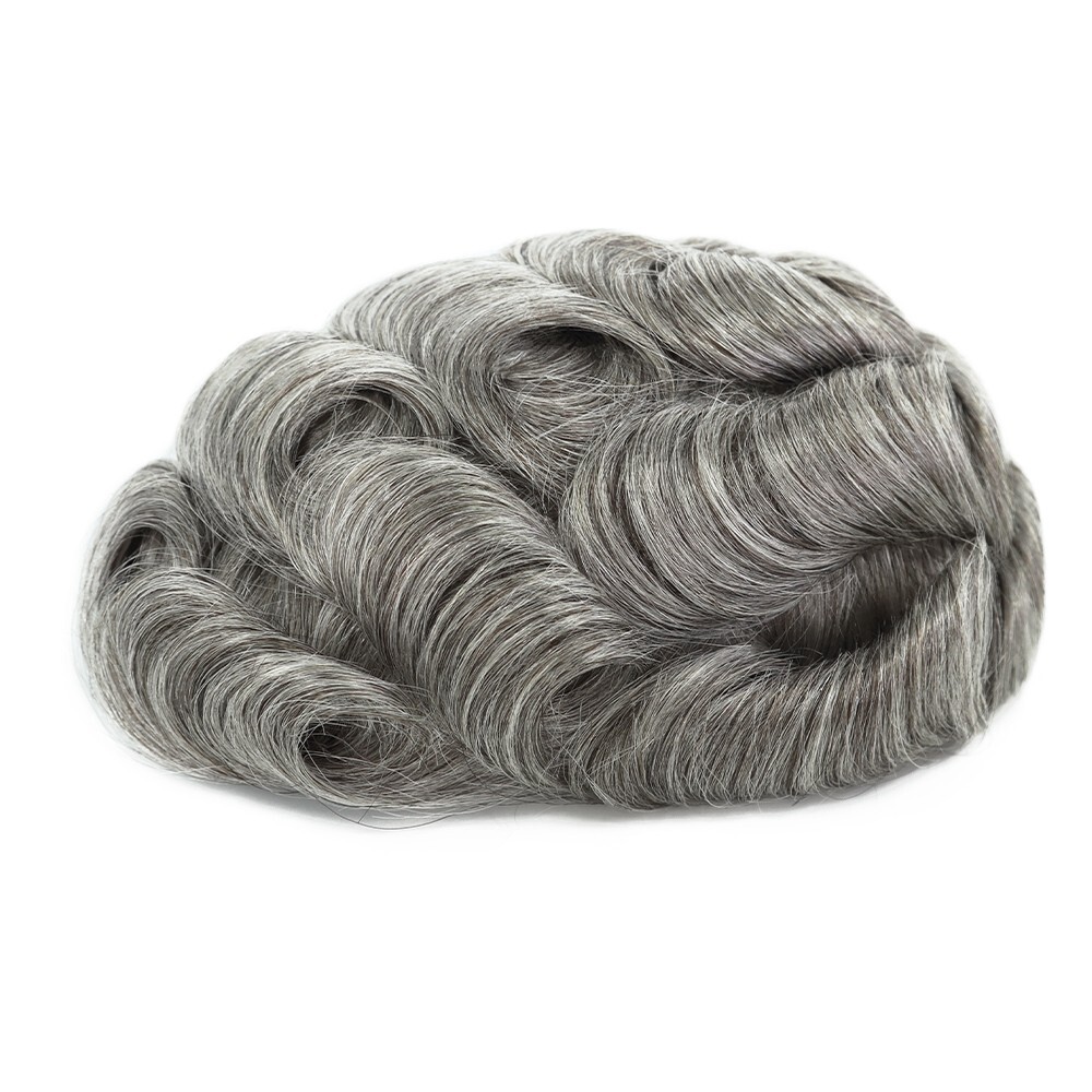 Toupee For Men Human Super Thin Skin V Looped Men Hairpiece Wig Black Grey #565