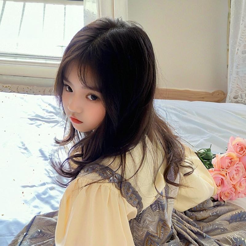 Child Wig Long Curly Wavy Hair with Bangs Big Waves Wearing BOBO Hair Wig