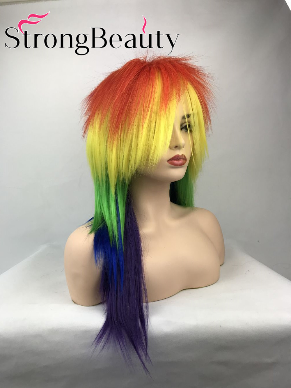 Long Rainbow Cosplay Wig Ponytail Multi Color Synthetic Wigs
