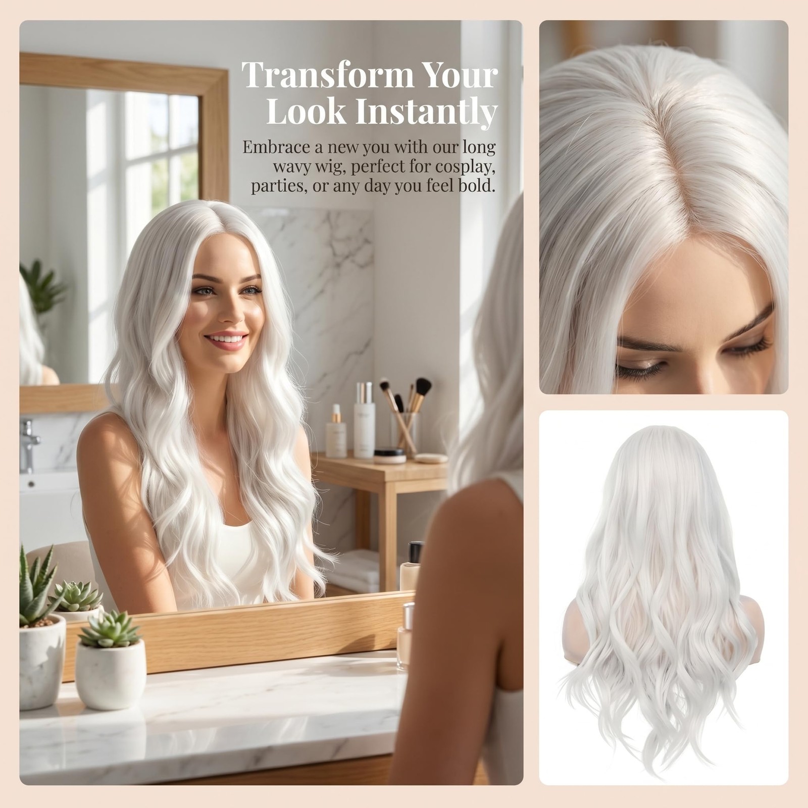 Long White Wavy Wig for Women 27.5 Inches Middle Part Natural Looking Curly W…