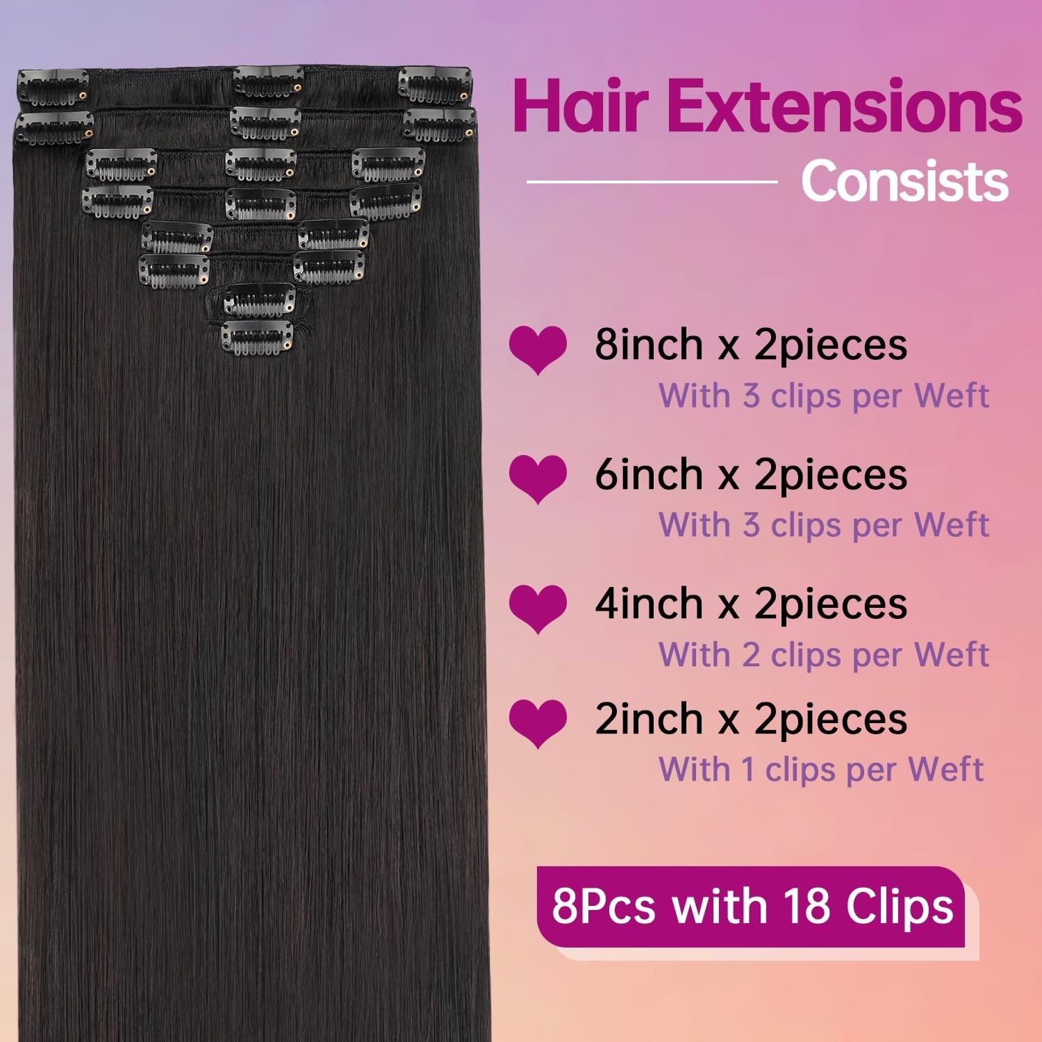 26″ Natural Black Clip-In Hair Extensions – 8pcs Seamless Remy Human Hair, Invis