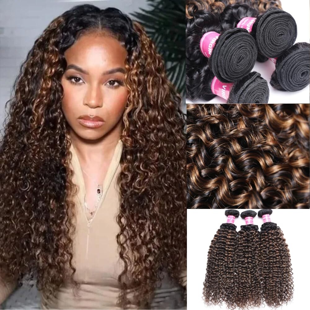 UNice Cambodian Ombre Balayage Brown Curly 3 Bundles Human Hair Extension Weaves