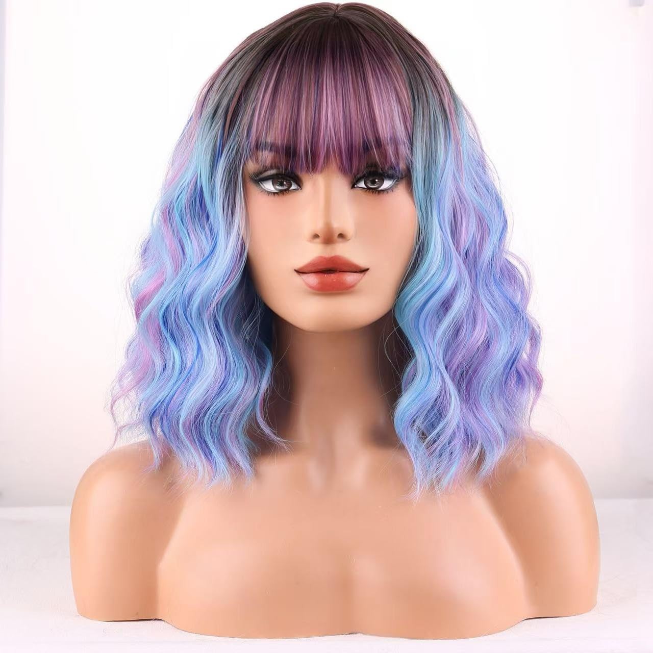 Rainbow Wigs for Women Girls Short Curly Wavy Colorful Wig Short Bob With Bangs