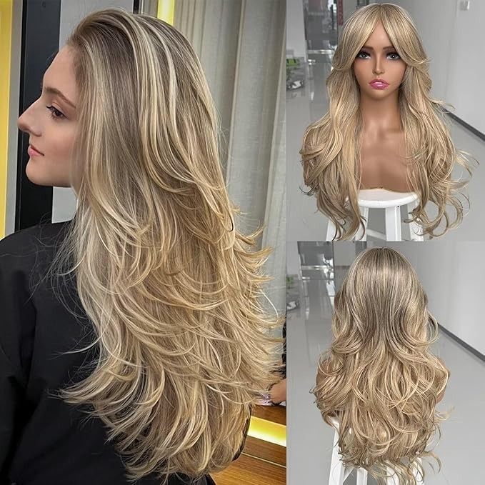 Platinum Blonde Highlight Ombre Light Brown Wig Long Wavy Layererd Wig