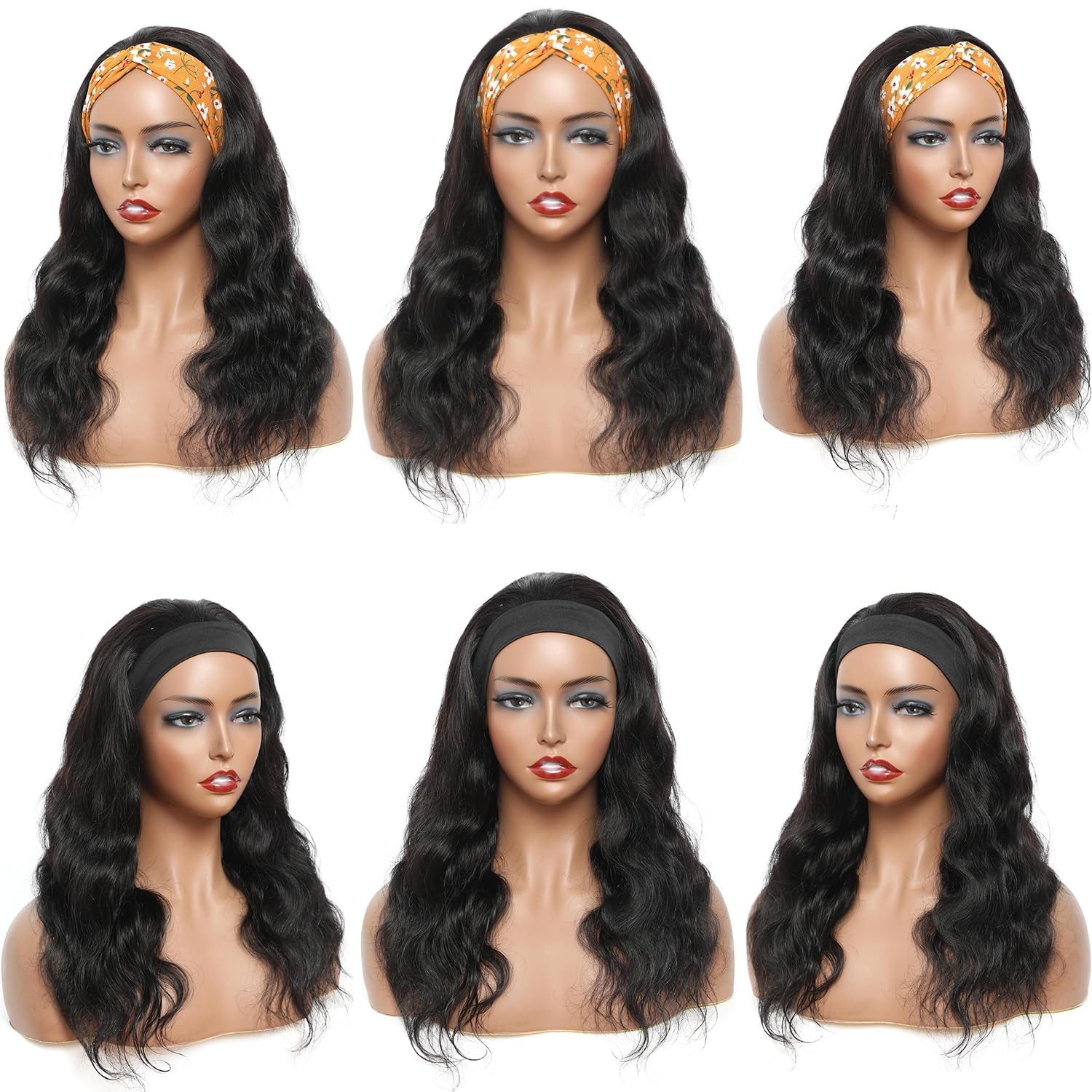 Ghaadd Headband Wig Human Hair Body Wave Wigs for 16 Inch, black