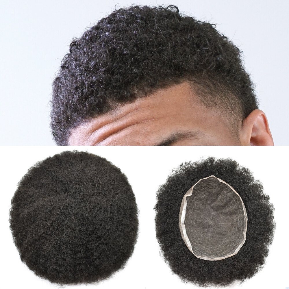 Afro Toupee For Black Men All Transparent Lace Curly 100%Human hair Weave system
