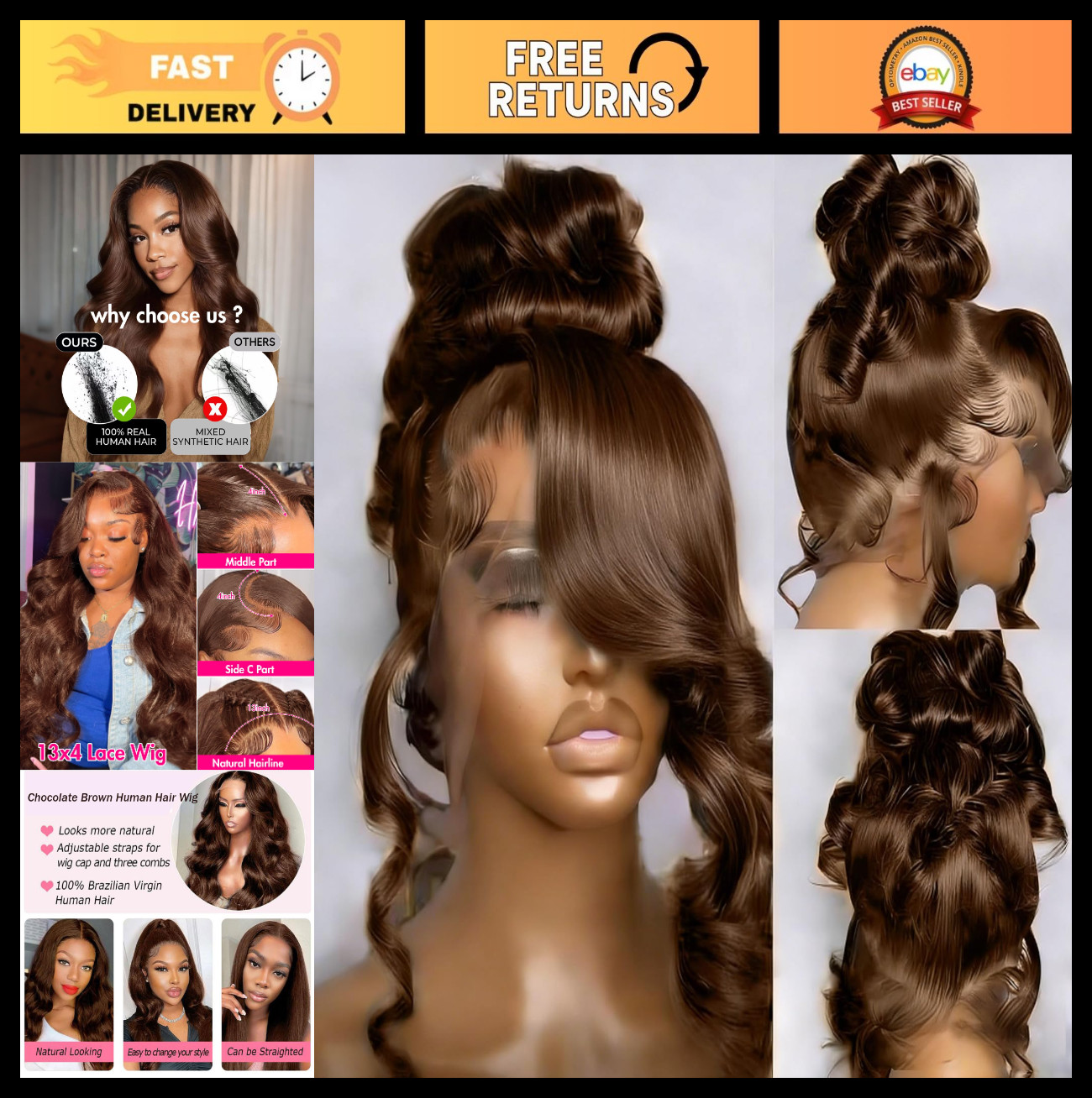 32″ Chocolate Brown Body Wave Lace Front Wig – 13×4 Human Hair for Women