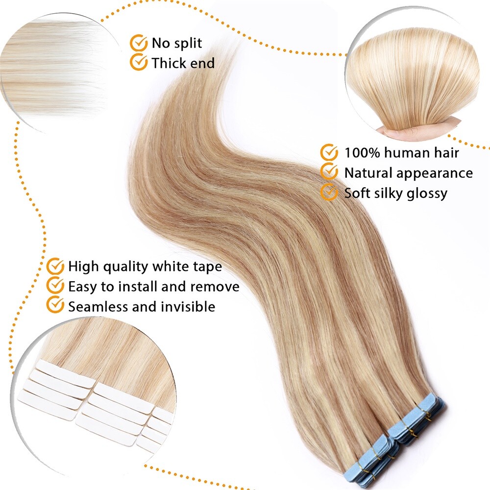 10-40PCS Tape In Real Remy Human Hair Extensions Skin Weft FULL HEAD Blond Ombre