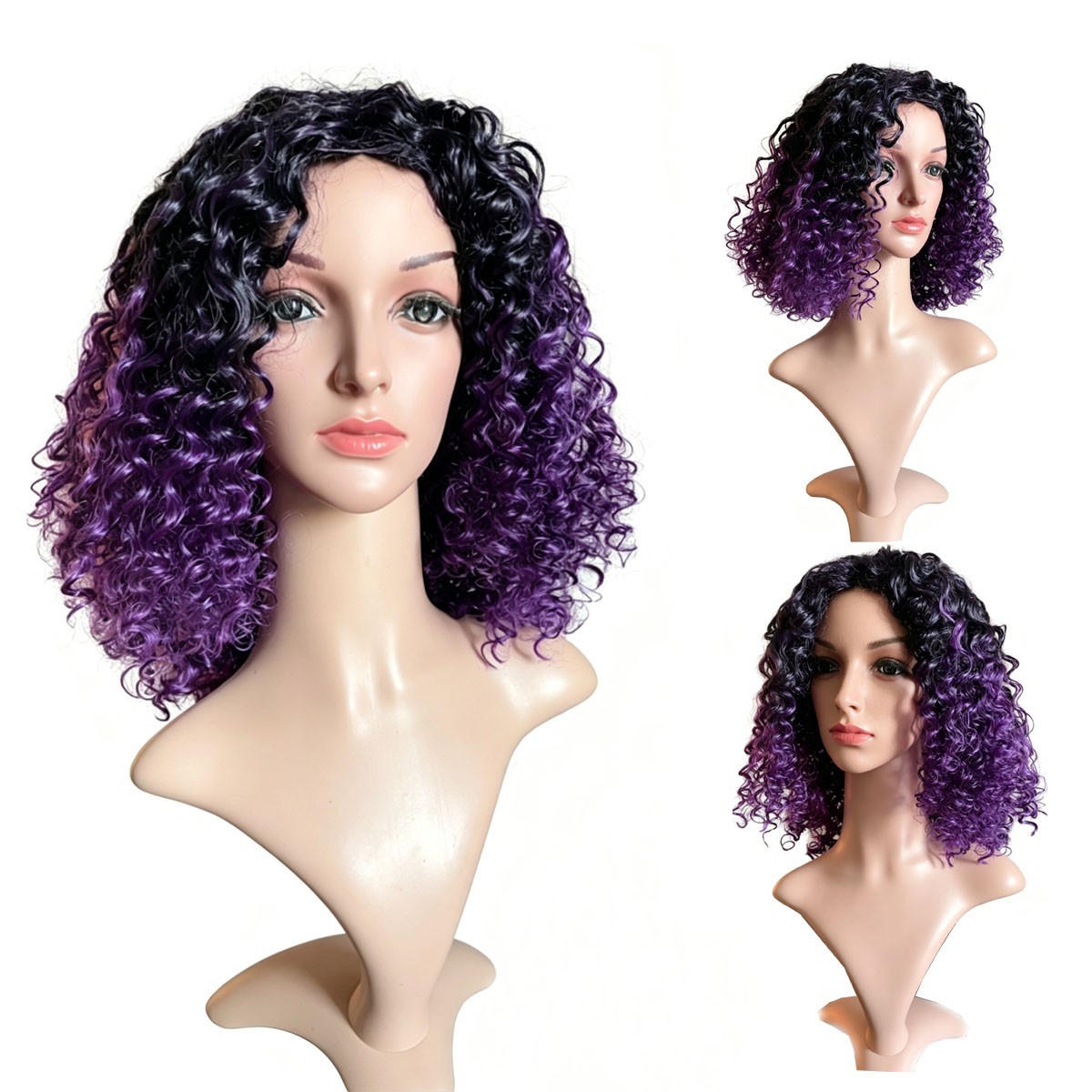 Afro Curly Wig For Black Women Black to Purple Ombre Fluffy Deep Wave Bob Wig