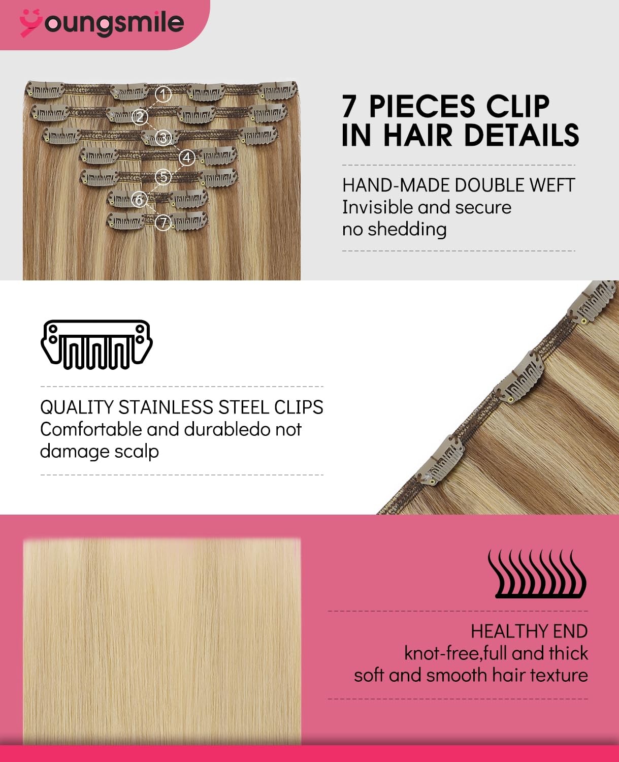Clip in Hair Extensions 140g 7 Pieces #10/27/27 Golden Blonde 14inch – Soft
