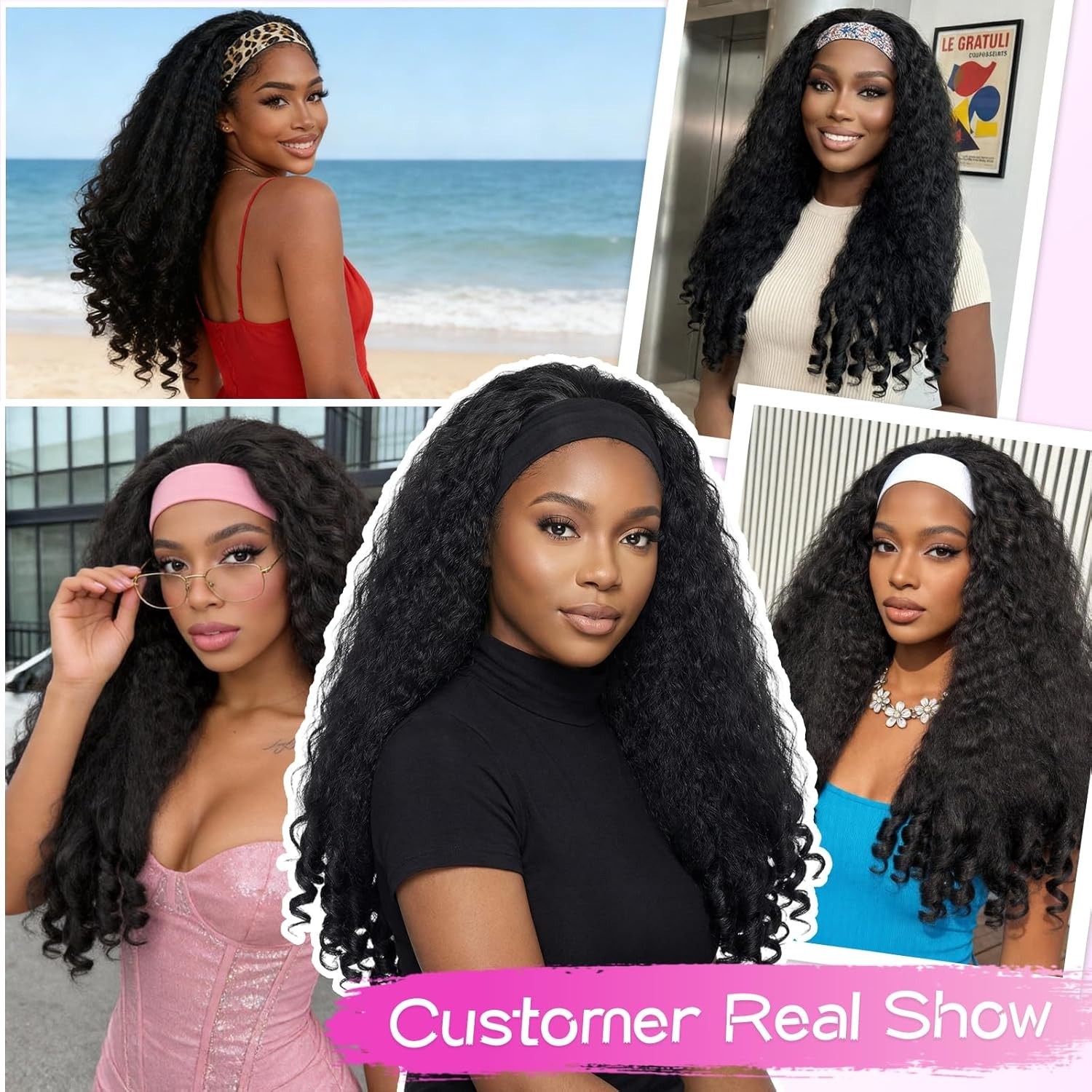 24in Afro Curly Glueless Headband Soft Synthetic Wig with Bouncy End Curls #1B