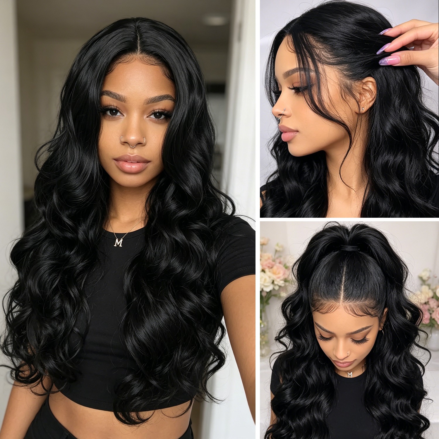 32in Heat-Resistant Fiber‌ Front Wigs Womens Long Curly Lace Wavy Hair Wig Black