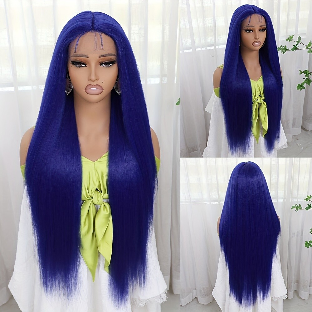 Dark Blue Hair Synthetic Lace Front Wigs 32 Inches Long Straight Heat Resistant