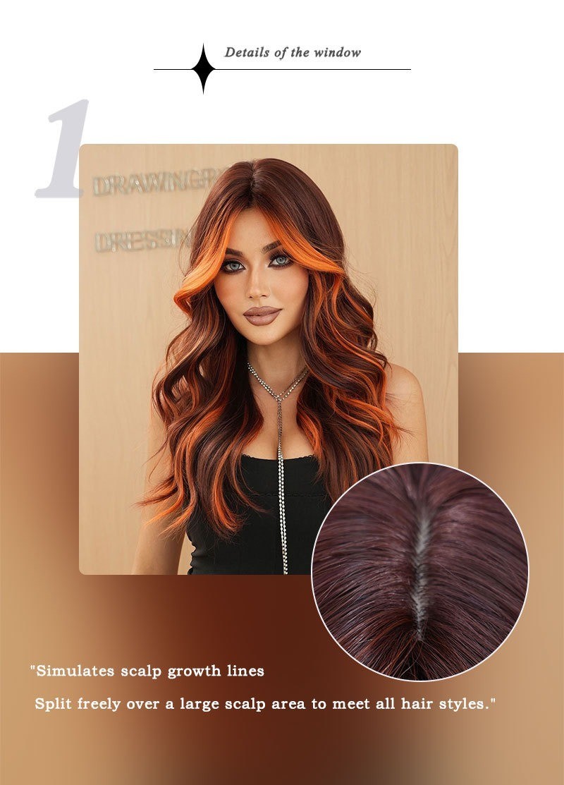 Full head wig with side-swept bangs colorful flame orange highlights and long