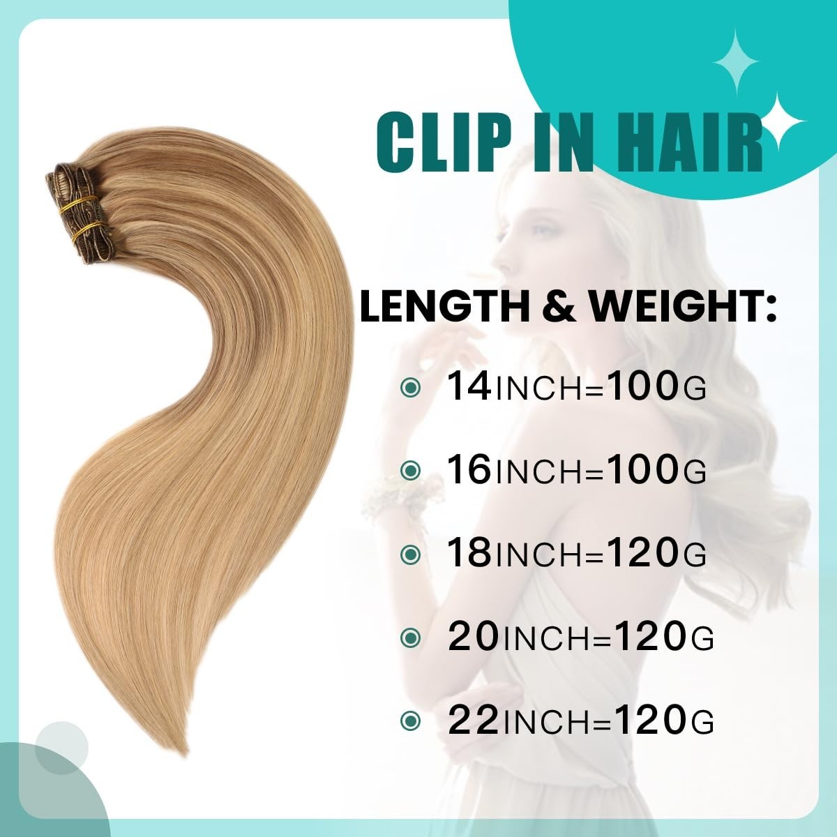 20″ Clip-in Human Hair Extensions Golden Brown to Honey Blonde Balayage 120g 6pc