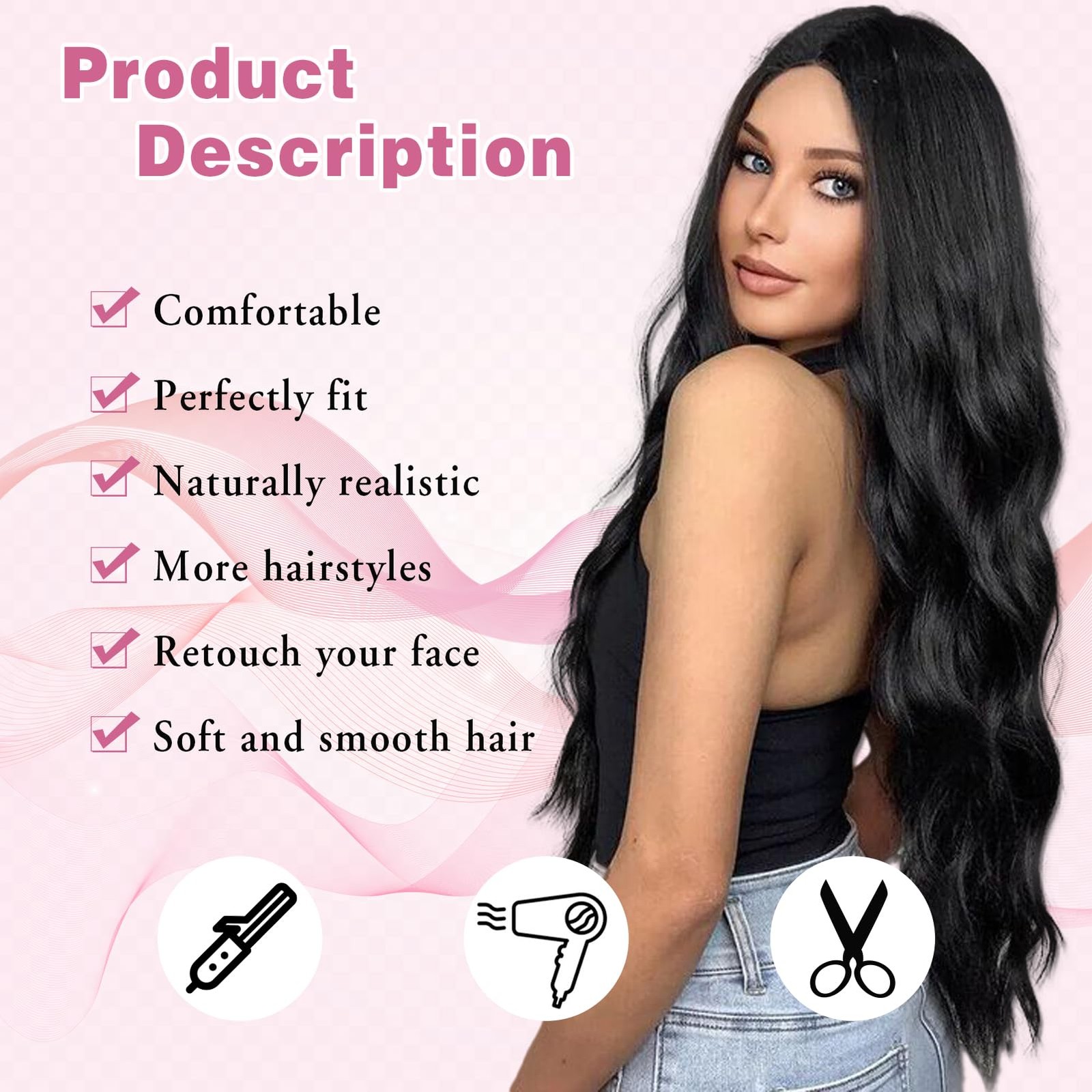 Long Wavy Wig for Women 26 Inch Black Synthetic Lace Front Wig Middle Part Cu…