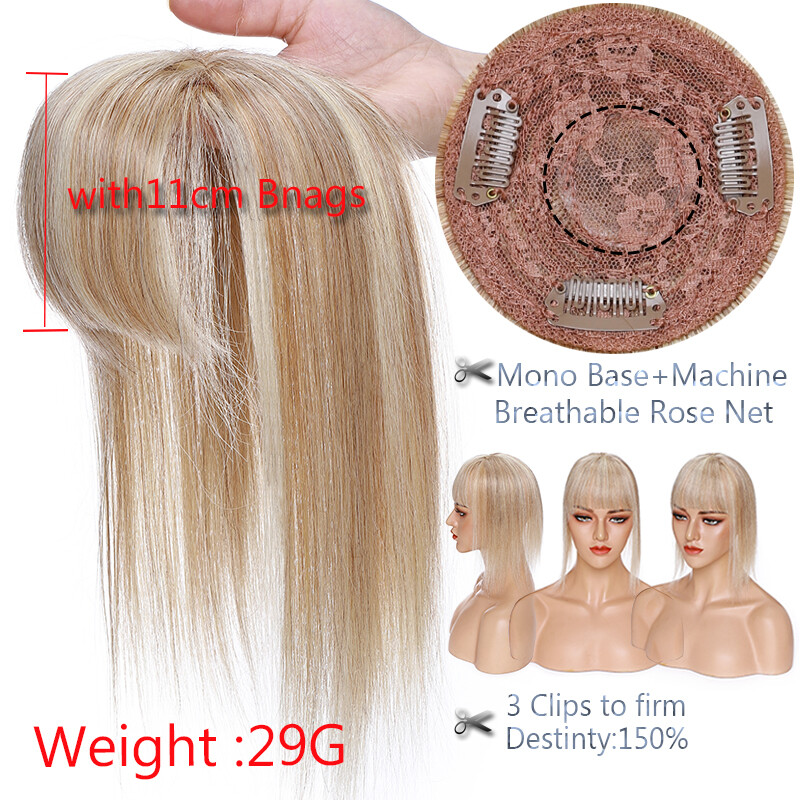 SALE Topper Hairpiece Clip In Remy Human Hair Toupee with Bangs Top Silk Base US