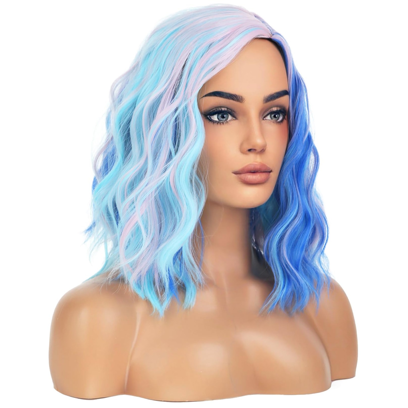 Pink and Blue Wigs for Womens Short Curly Wavy Wig Girls Colorful Side Part W…