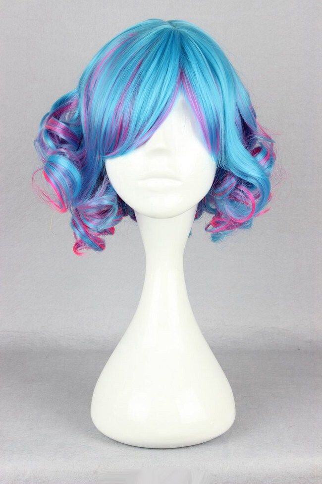 Fashion Short Multi-Color Blue Red Wavy Curly Women Lady Cosplay Hair Wig + Cap