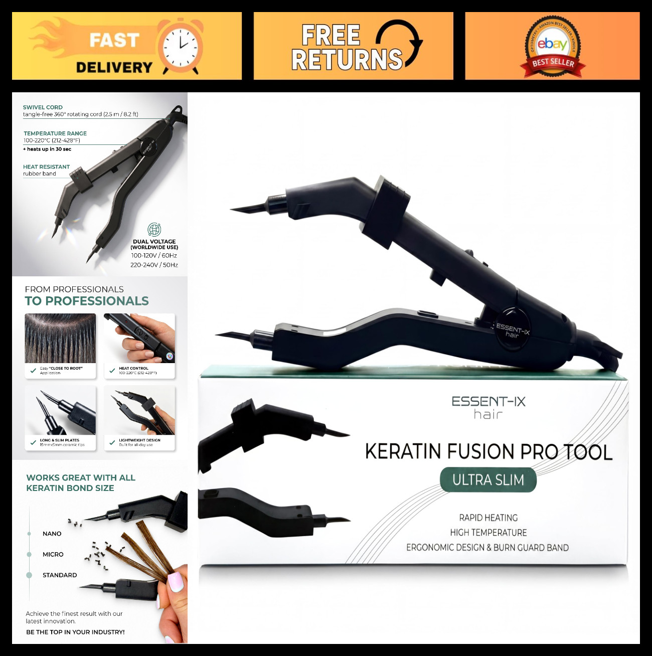 Keratin Fusion Tool for Hair Extensions – Adjustable Temp, Rapid Heat, Slim Plat