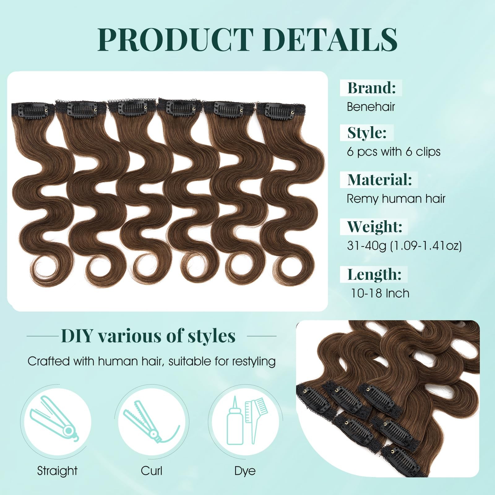 Benehair 6 Pcs Clip In Short Hair Extensions 100 Real Human Hair For Women