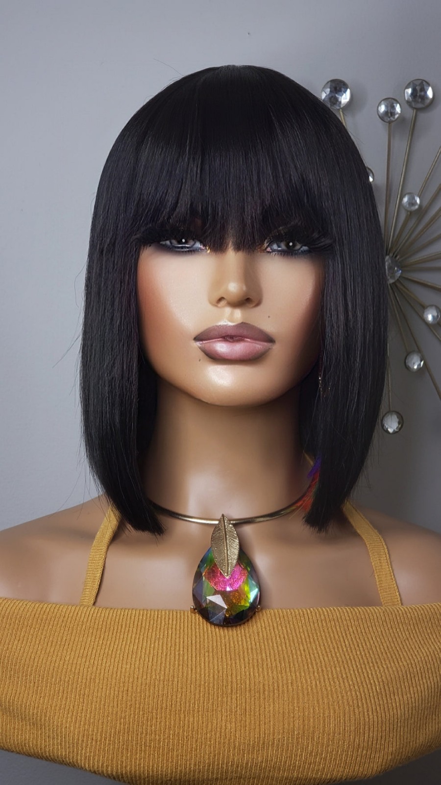 New Short Human Hair Blend Straight Bob Wrap Style Full Cap Wig Black Rainbow