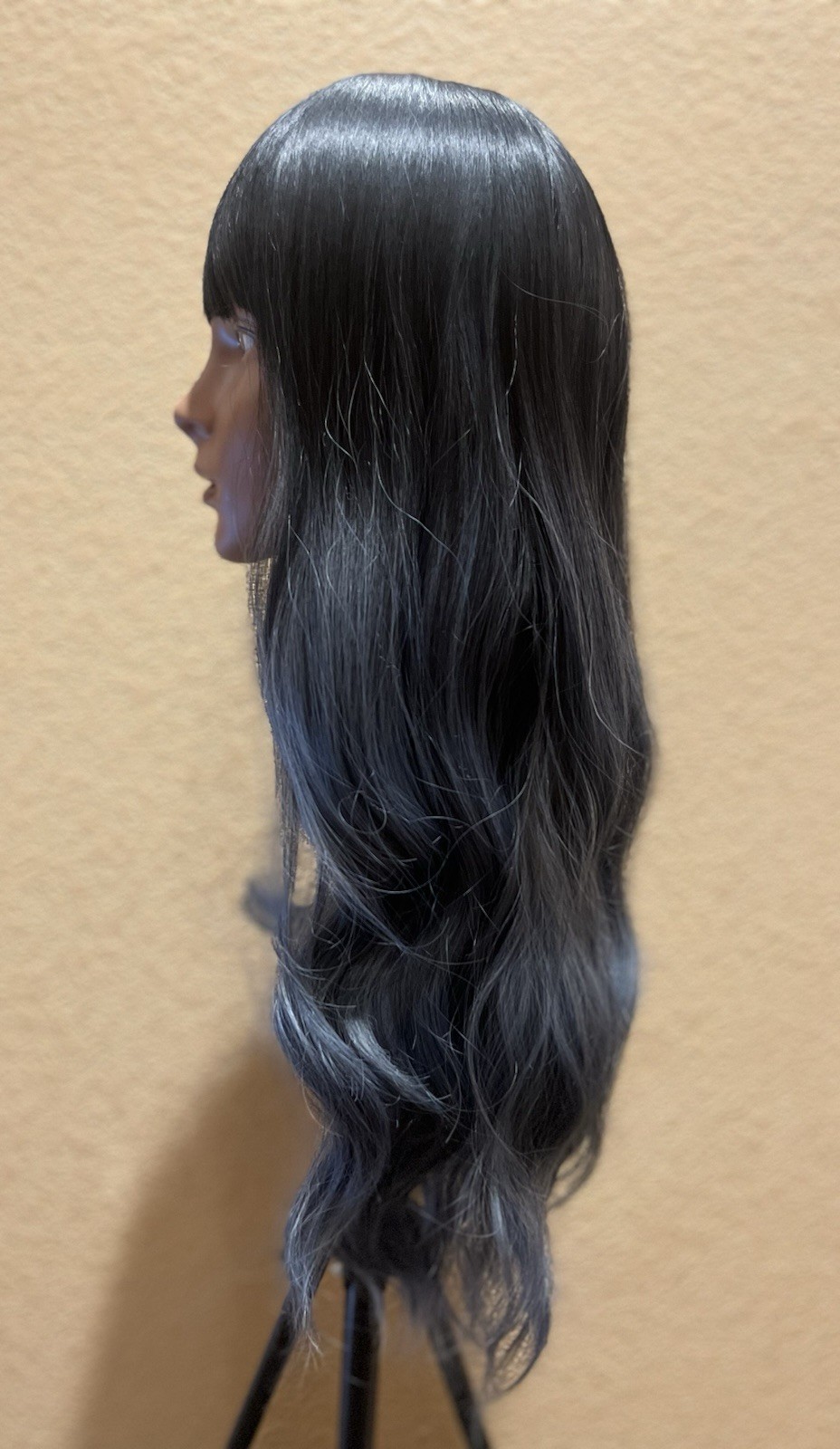 Long Black to Blue Ombre Synthetic Wig | Soft Waves with Full Bangs | Adjustable
